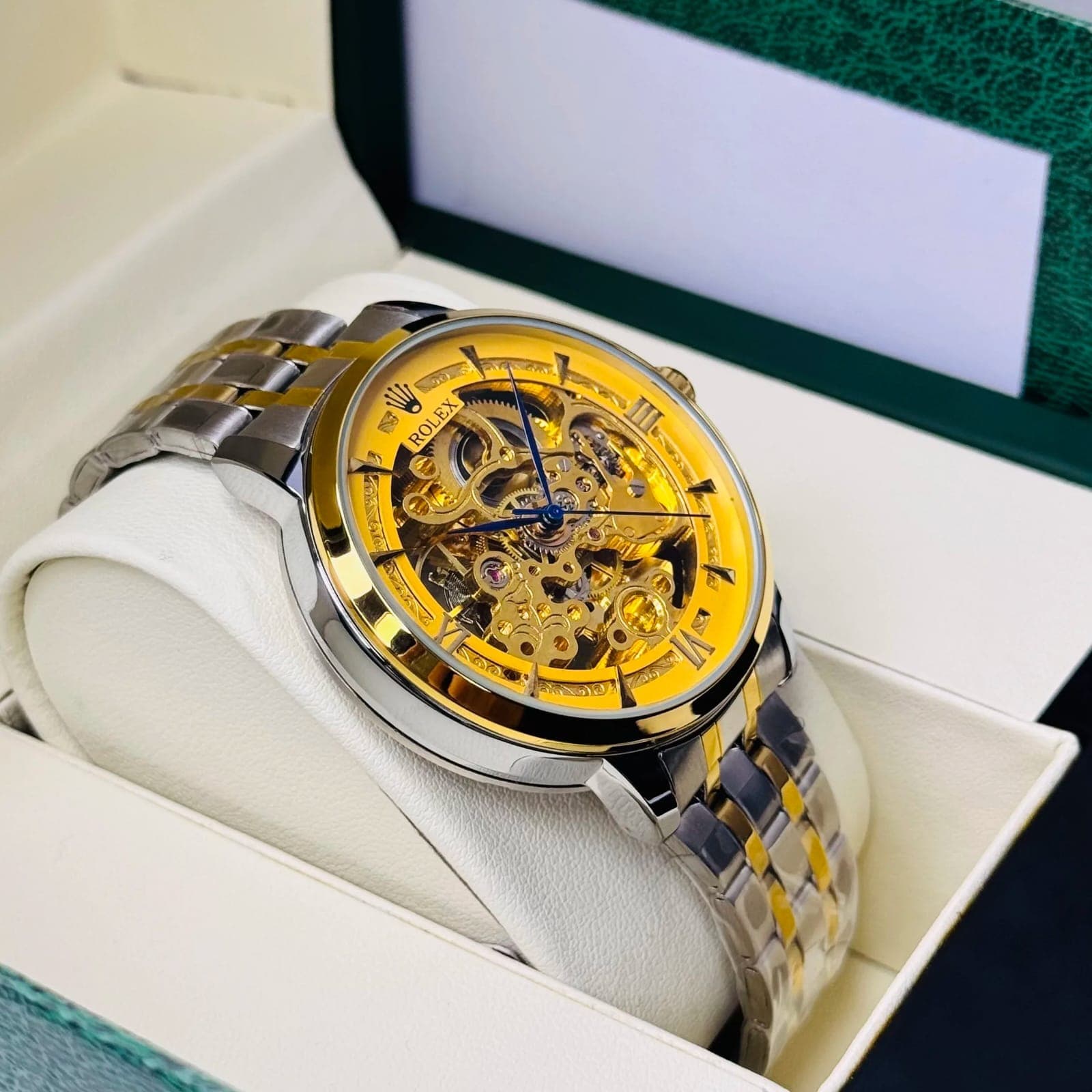 Rolex Style Mechanical Skeleton Watch with Two-Tone Chain Strap